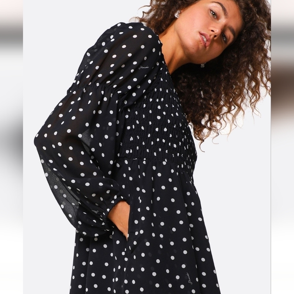 Ganni Black and White Polka Dot Long Sleeve Dress - Picture 3 of 11